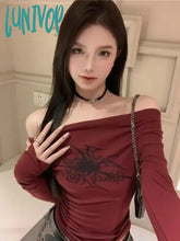Lunivop Goth Spider Print Grunge T Shirts Women Long Sleeve Off Shoulder Y2K Vintage Crop Top
